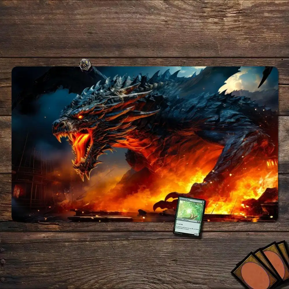 Lava Fire Lightning Dark Dragon Volcano Castle Fantasy TCG Playmat 35X60CM MTG Duel Mat Non-Slip Stitched Edge Large Playmat