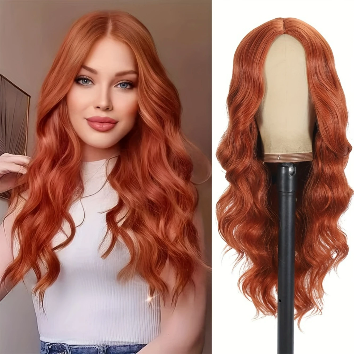 Stunning Beautiful Copper Red Wavy Long 26 Inch Wigs for Women - Gorgeous Heat Resistant Synthetic Fiber Hair Wig with Middle Pa