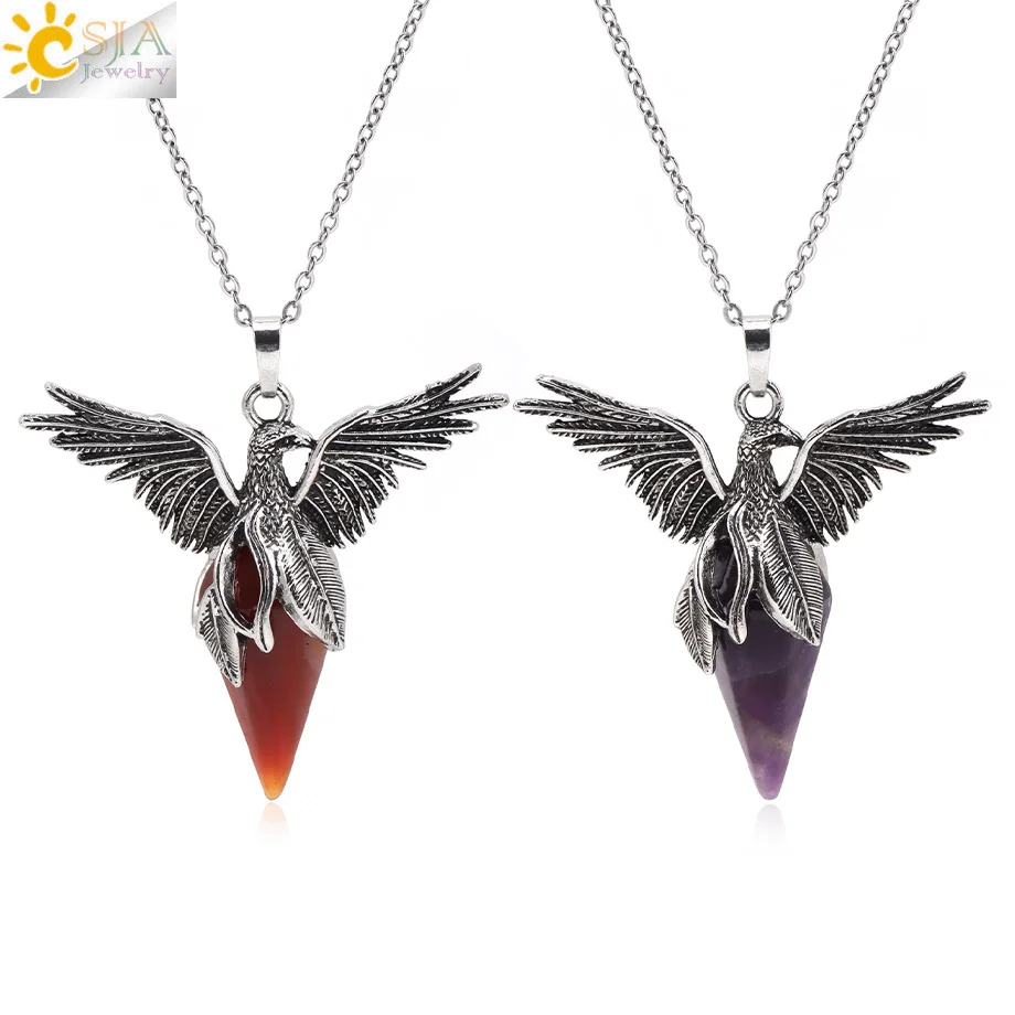 CSJA Phoenix Natural Stone Crystal Pendant Necklace Reiki Amethyst Pink Quartz Tiger Eye Lapis Lazuli Angel Wing Pendant H924