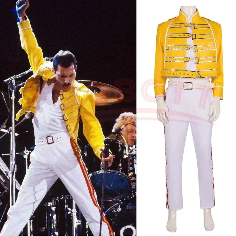 

Anime Queen Lead Vocals Freddie Mercury Cosplay Costume Yellow Leather Jacket Coat Unisex Halloween Carnival Outfits