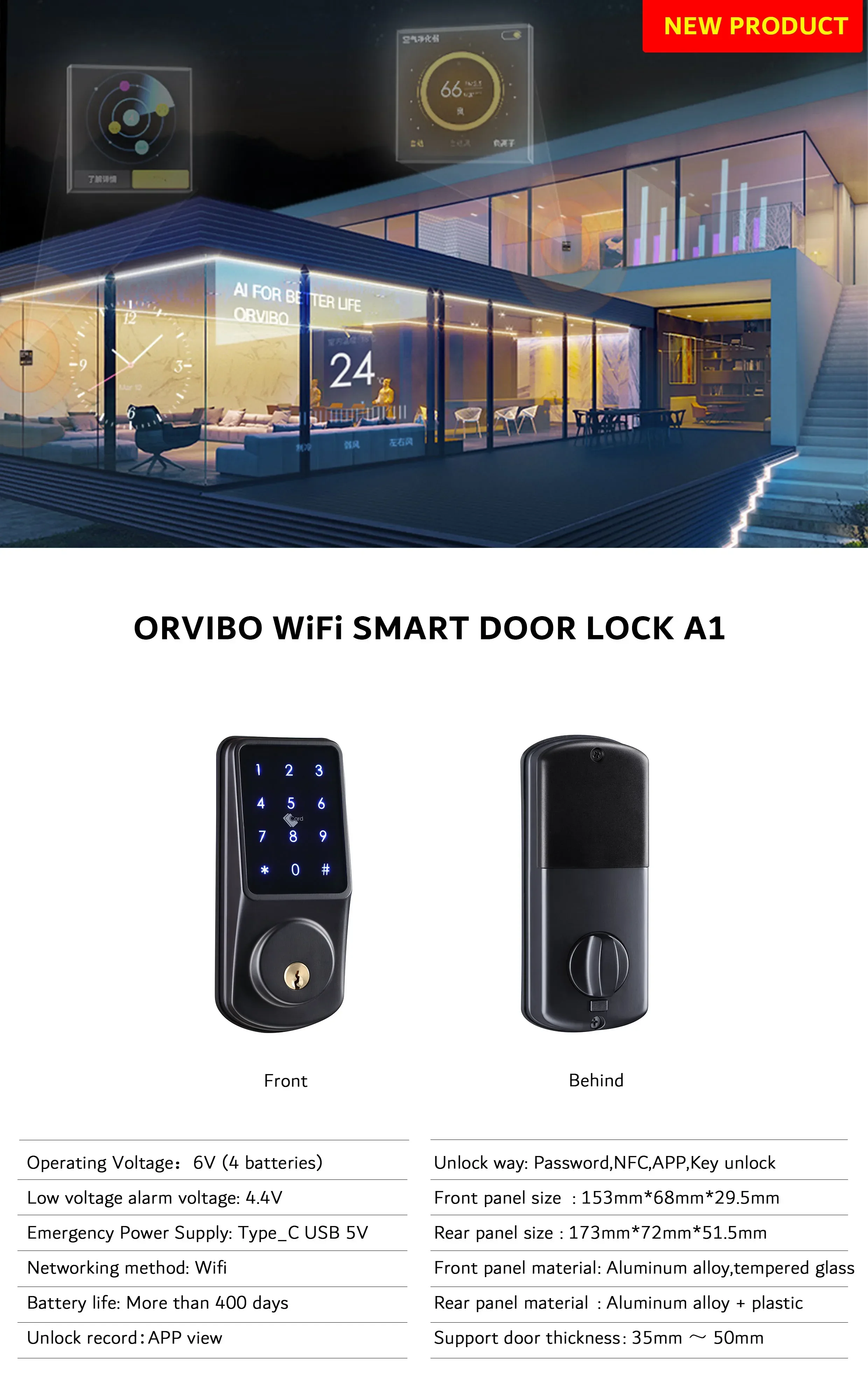 ORVIBO Serratura elettronica standard USA per porta in legno Materiale chiave per casa intelligente per interni