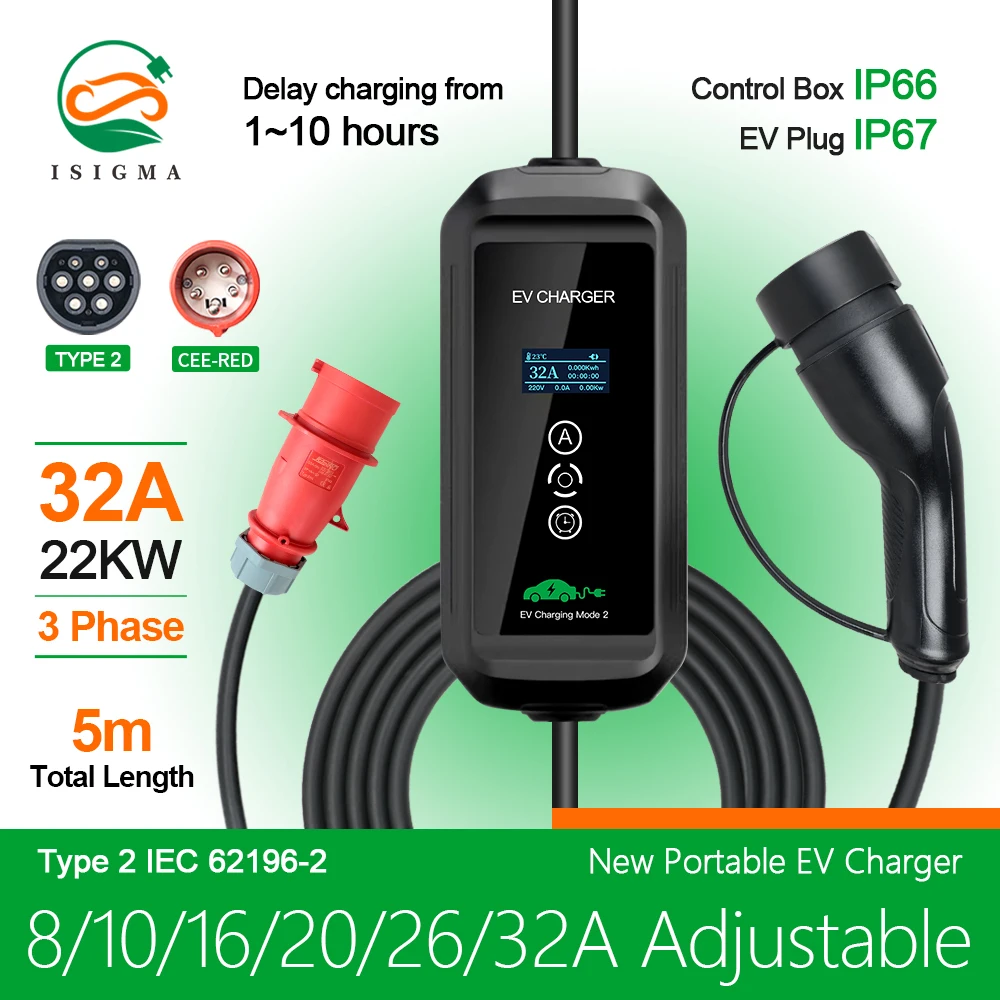 EV Charger 22kw 3 Phase Type 2 Plug EVSE EV Charger Level 2 32A 22kw 380V Wallbox 5m Cable for Electric Car Home Charging