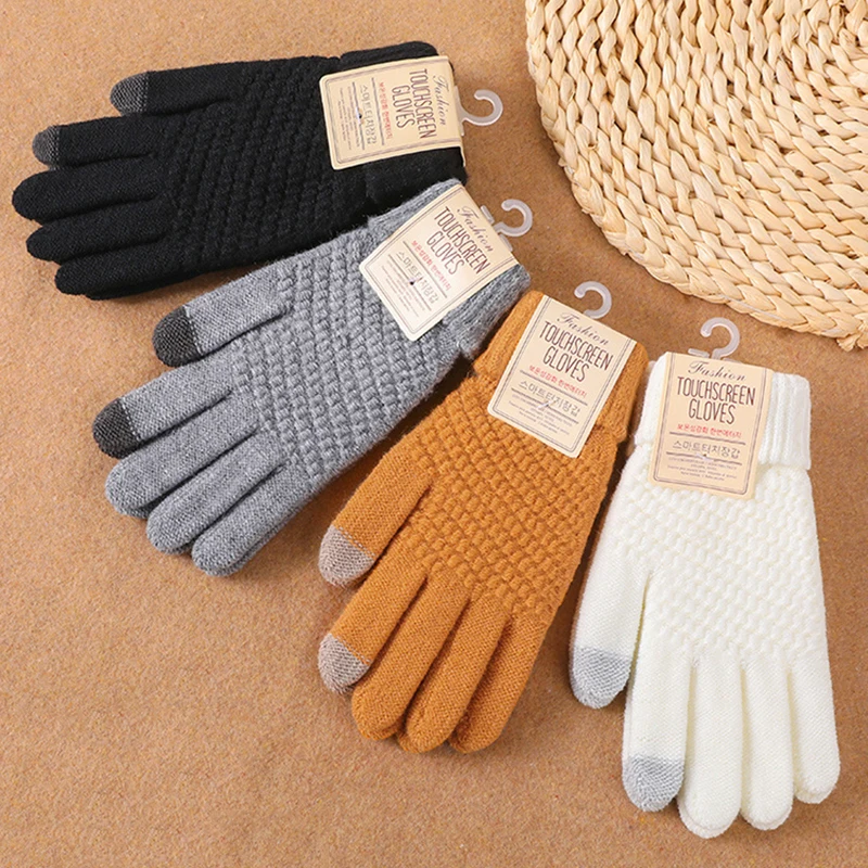 Guantes de lana cálidos para hombres y mujeres, manoplas de punto gruesas para pantalla táctil, calentador de paseo de esquí al aire libre, a prueba