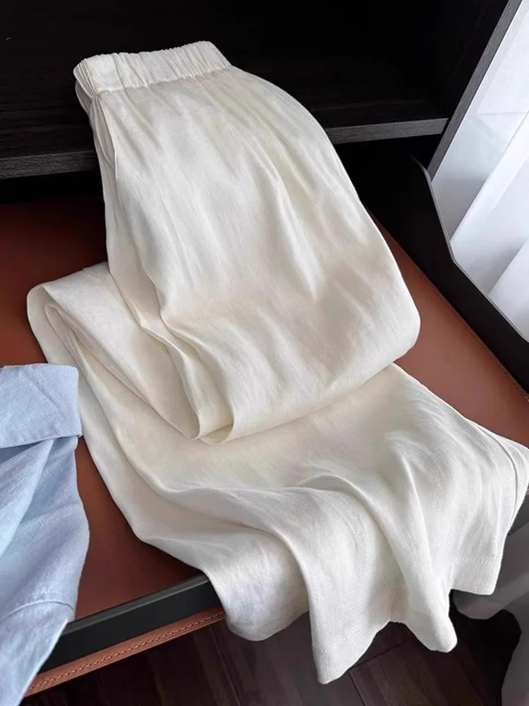 Pantaloni a gamba larga in lino di cotone bianco Pantaloni estivi larghi casual a gamba dritta da donna Pantaloni lunghi a vita alta Pendolari Sle Coreano F...