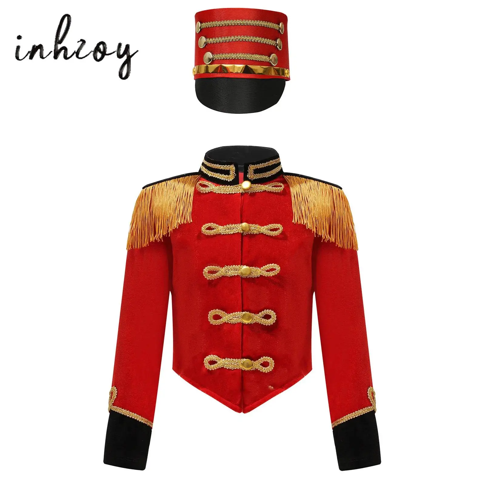 

2Pcs Girls Circus Ringmaster Jacket Drummer Cosplay Performance Costume Stand Collar Long Sleeve Fringe Epaulet Coat and Hat Set