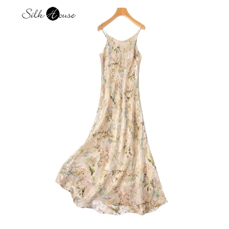 

Women's Casual Early Autumn New Sparkling Gold Thread 63% Natural Mulberry Silk Velvet Lined Diagonal Cut Suspender Dress