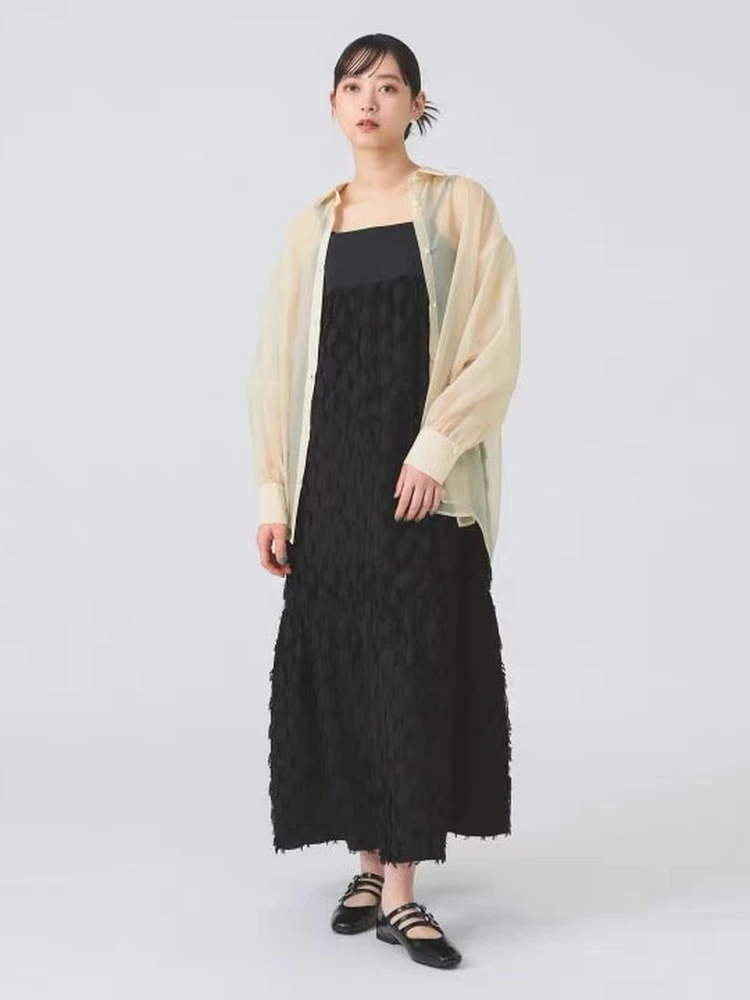 

Retro Japanese Style Feather Tassel Embossed Slim Strap Long Dress Fashionable A-Line Skirt for Women Summer Ball Gown