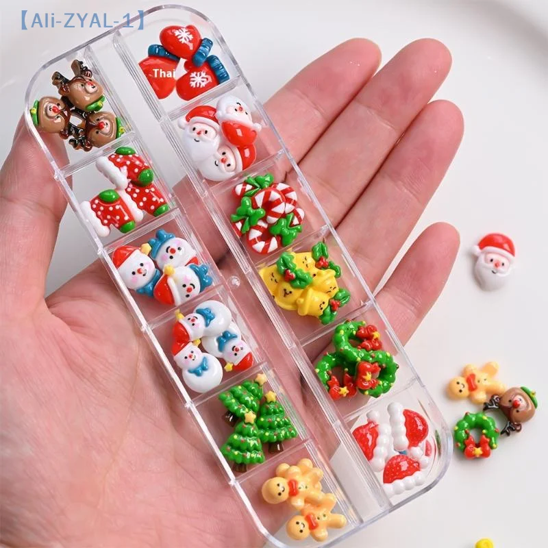 【ZYAL-1】ชุดตกแต่งเล็บ 12 ช่อง 36/60 ชิ้น ลายการ์ตูนน่ารัก ตุ๊กตาหิมะ ต้นคริสต์มาส กวางเรนเดียร์ ซานตาคลอส  3 มิติ  ประดับเล็บเรซิ่น