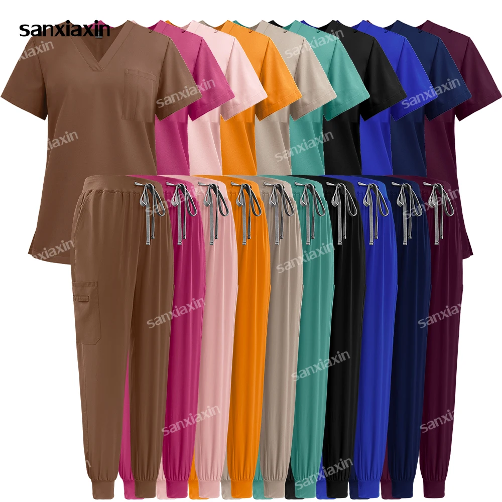 Scrubs Uniform Suit Short Sleeve V-neck Tops+jogger Pants Set Nursing Uniform Women Multicolor Pet Doctor Scrub Medical Workwear