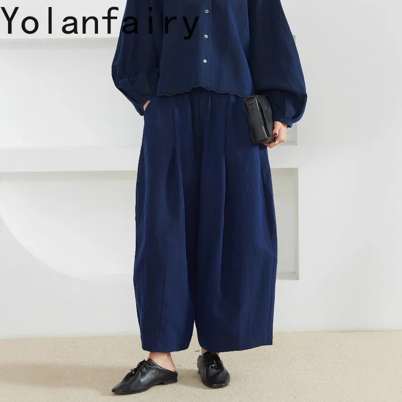 YOLANFAIRY Women 100% Mulberry Silk Gambiered Guangdong Silk Wide Leg Pants High Elastic Waist Generous Casual Pants Trousers