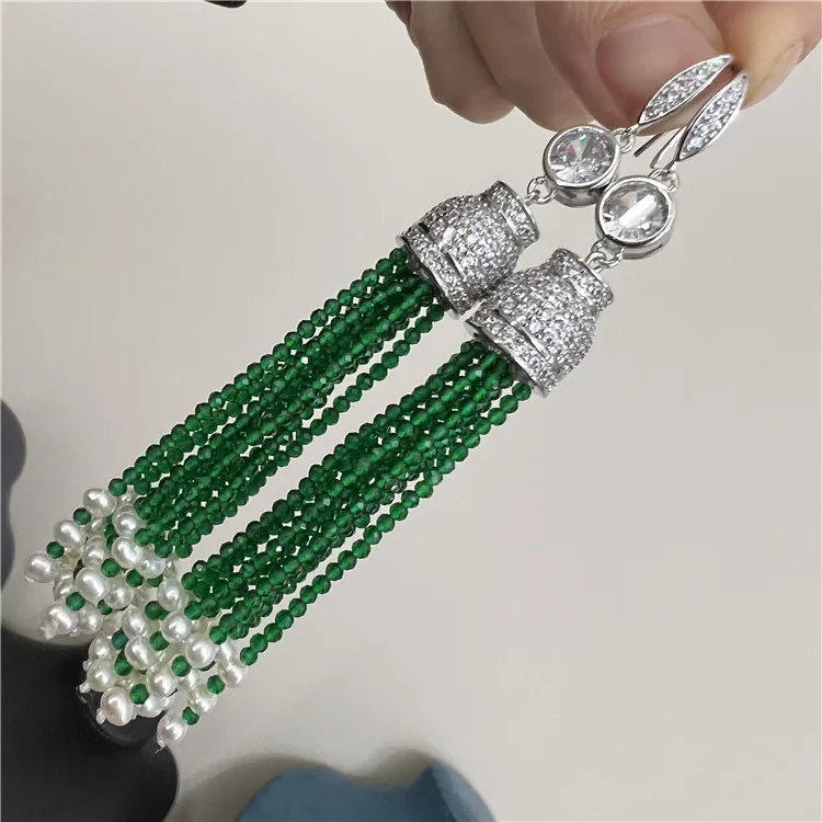 

New Red/Green Chalcedony With Natural Small Pearl EWarrings with fashionable temperament and long tassels