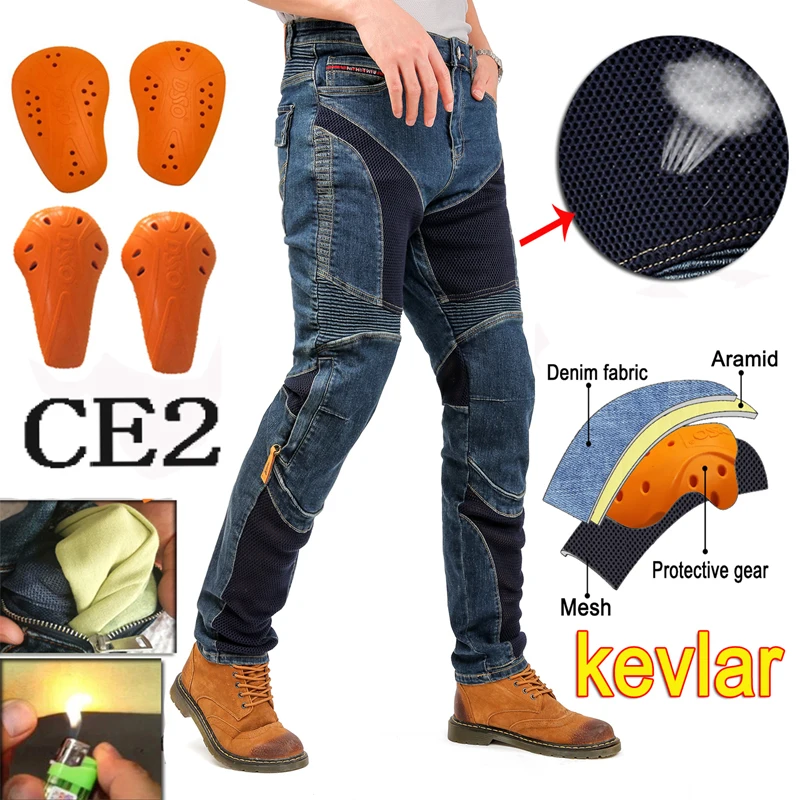 Blue summer men motorcycle jeans aramid mesh ventilation protective moto pants riding gear