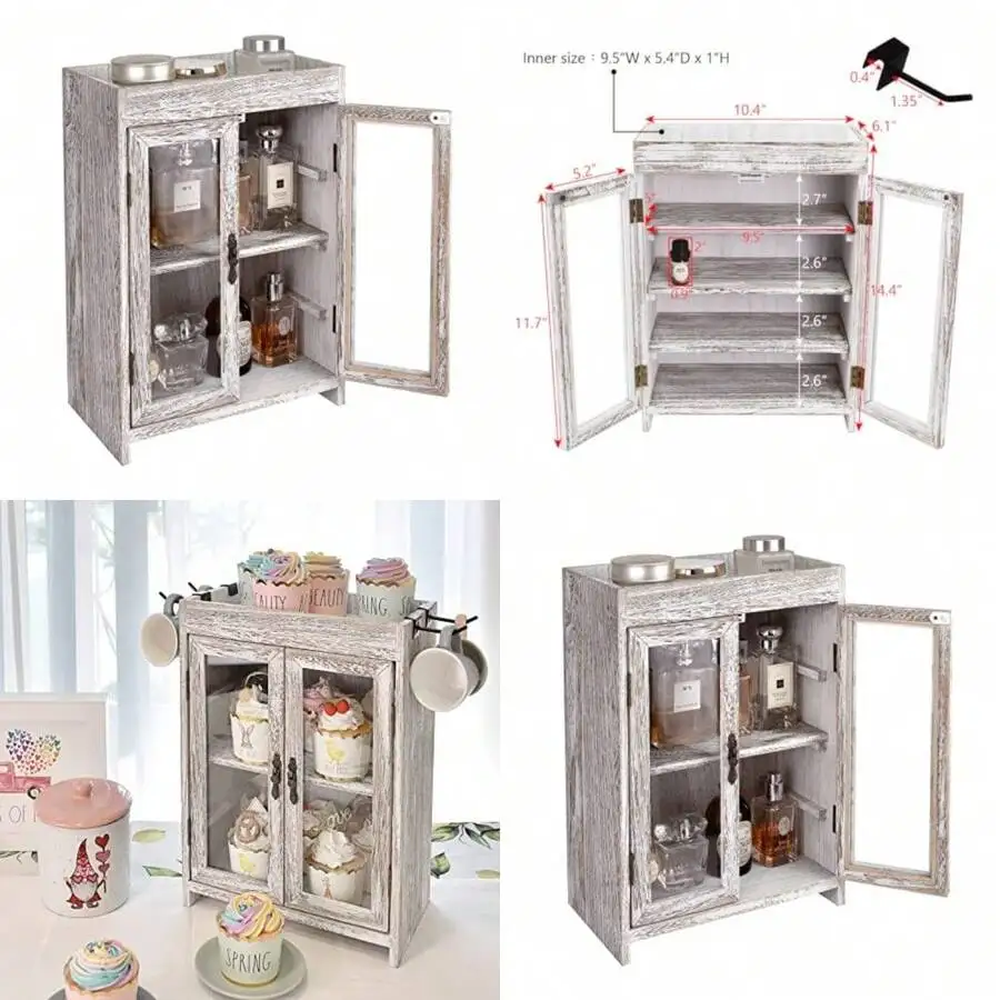 Wooden Countertop Storage Cabinet. Customizable Organizer With Adjustable Shelves, Glass Window Door And Removable Metal Hook. P