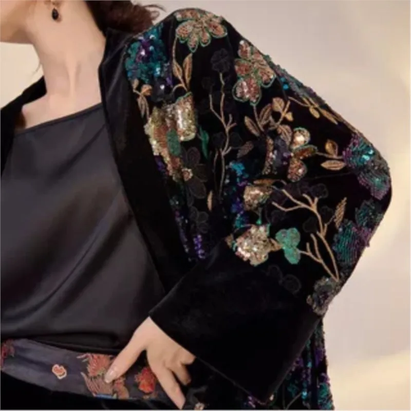 New Chinese embroidery flower sequin heavy industry coat national style colorful purple