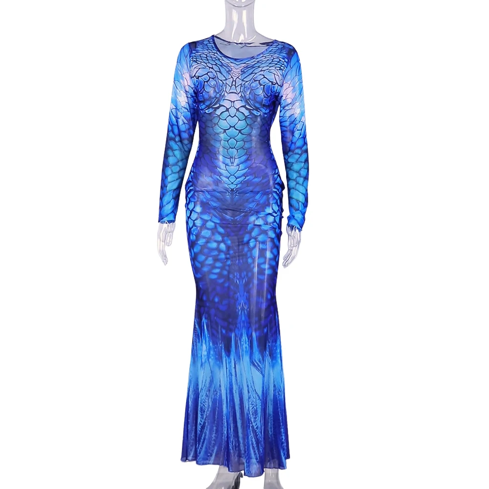[You're My Secret] Transparentes Mesh-Bodycon-Meerjungfrauen-Maxikleid mit 3D-Fischschuppen-Print, Strandparty-Cosplay-Kostüm, Farbverlauf-Blau-Outfit – Detail 3