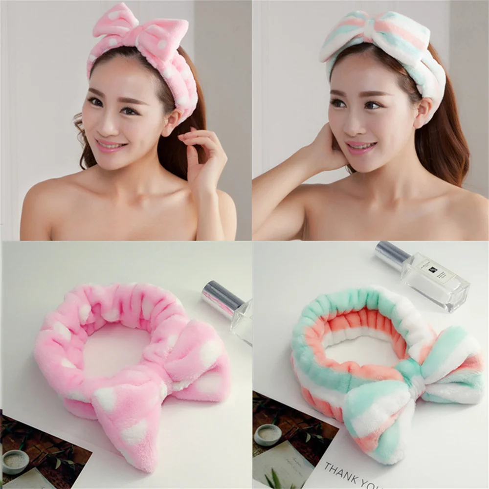 Soft Bow SPA Headbands Elastic Lady Girls Coral Fleece Shower Make Up Facial Knot Lovely Comfortable Skin Care Velvet Headwraps