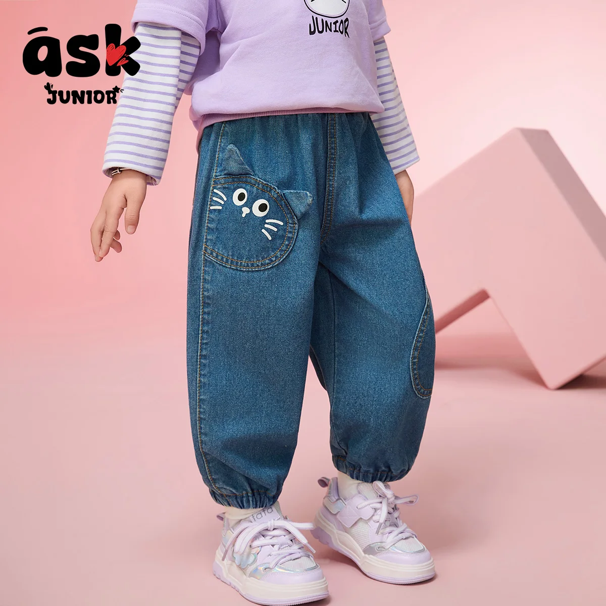 اسأل جونيور [آذان القط ثلاثية الأبعاد] سراويل أطفال ربيعية للفتيات جينز مغسول بناطيل ضيقة للأطفال