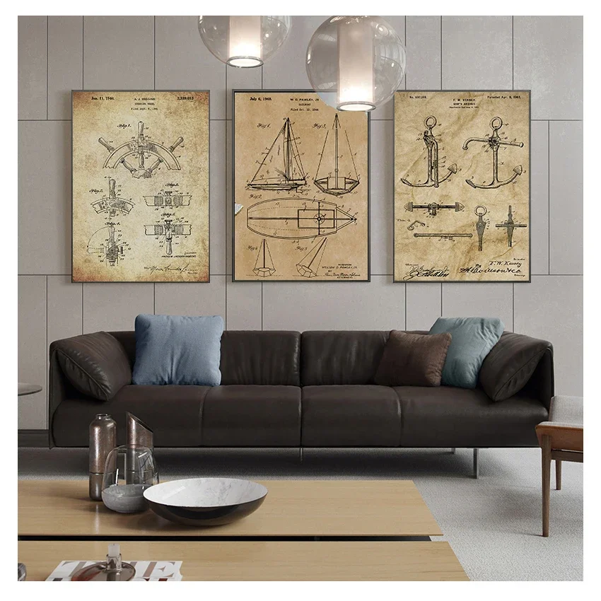 ملصق هدايا البحارة ، يخت مرساة عجلة السفينة الإبحار مخطط بحري جدار الفن قماش اللوحة المراكب الشراعية براءات الاختراع طباعة Vint #1