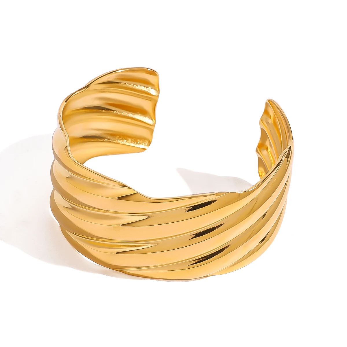 Exaggerated 18k Gold Plated Stainless Steel Corrugated Simple Open Bangle Cuff Bracelet Bijoux Femme Waterproof Jewelry