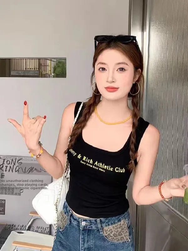 American Letter Print Camisole Tank Top Women Summer Spicy Style Slim Fit Short Sleeveless Shirt with Chest Pad Versatile
