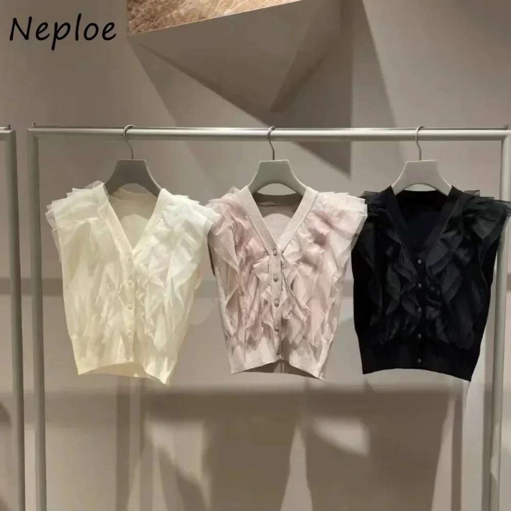 Neploe Sweet V Neck Sleeveless Patchwork Jumper Knit Voile Single Breasted All-match Cardigan Japanese Fresh Ruffles Sweaters