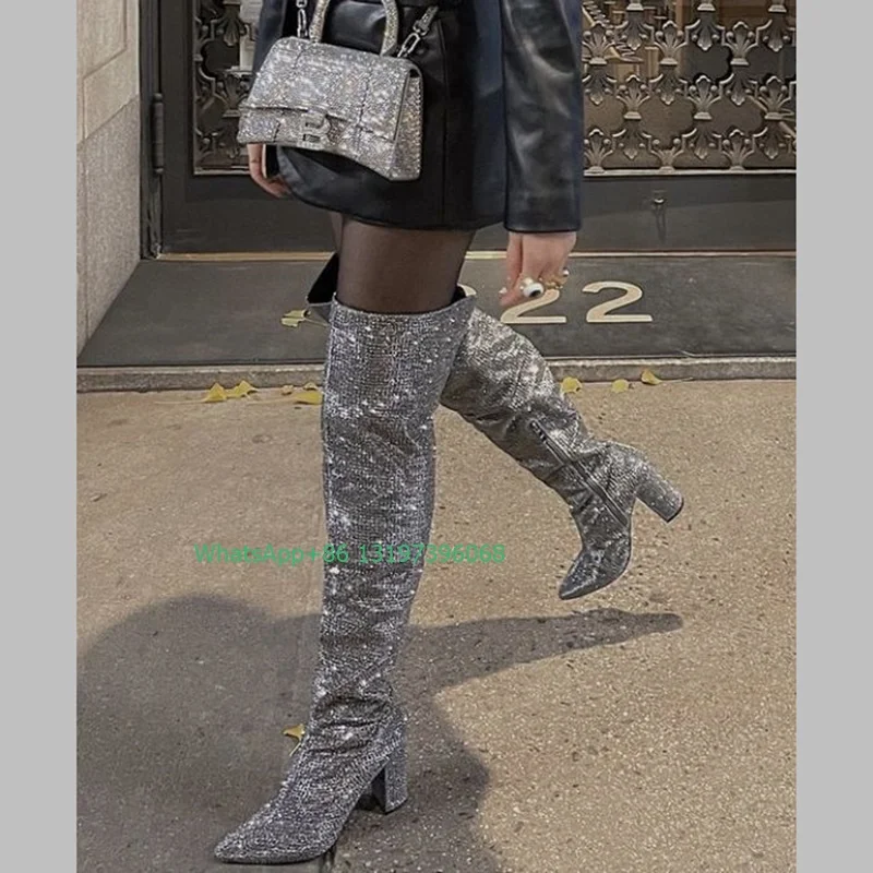 Lady bling rhinestone deisgn chunky heel thigh boots sequins pointed toe side zip boots causal dress boots size 46 sliver demand