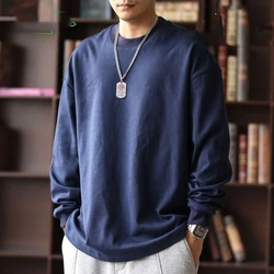 American Style High Street Solid Long Sleeves T-shirt Men Autumn Chic Pure Cotton Multicolor Round Neck Long Sleeve Loose Tops
