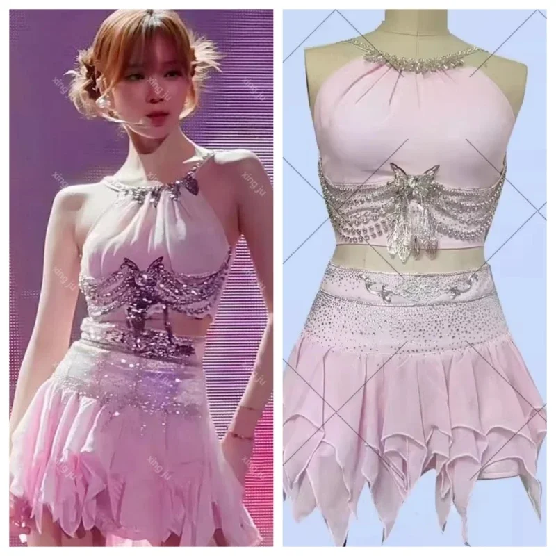 

New Women Singer Cosplay Costumes Sexy Off-Shoulder Shiny Sequin Vest Halter Tops Pleated Skirt Festivals Performance Outfits