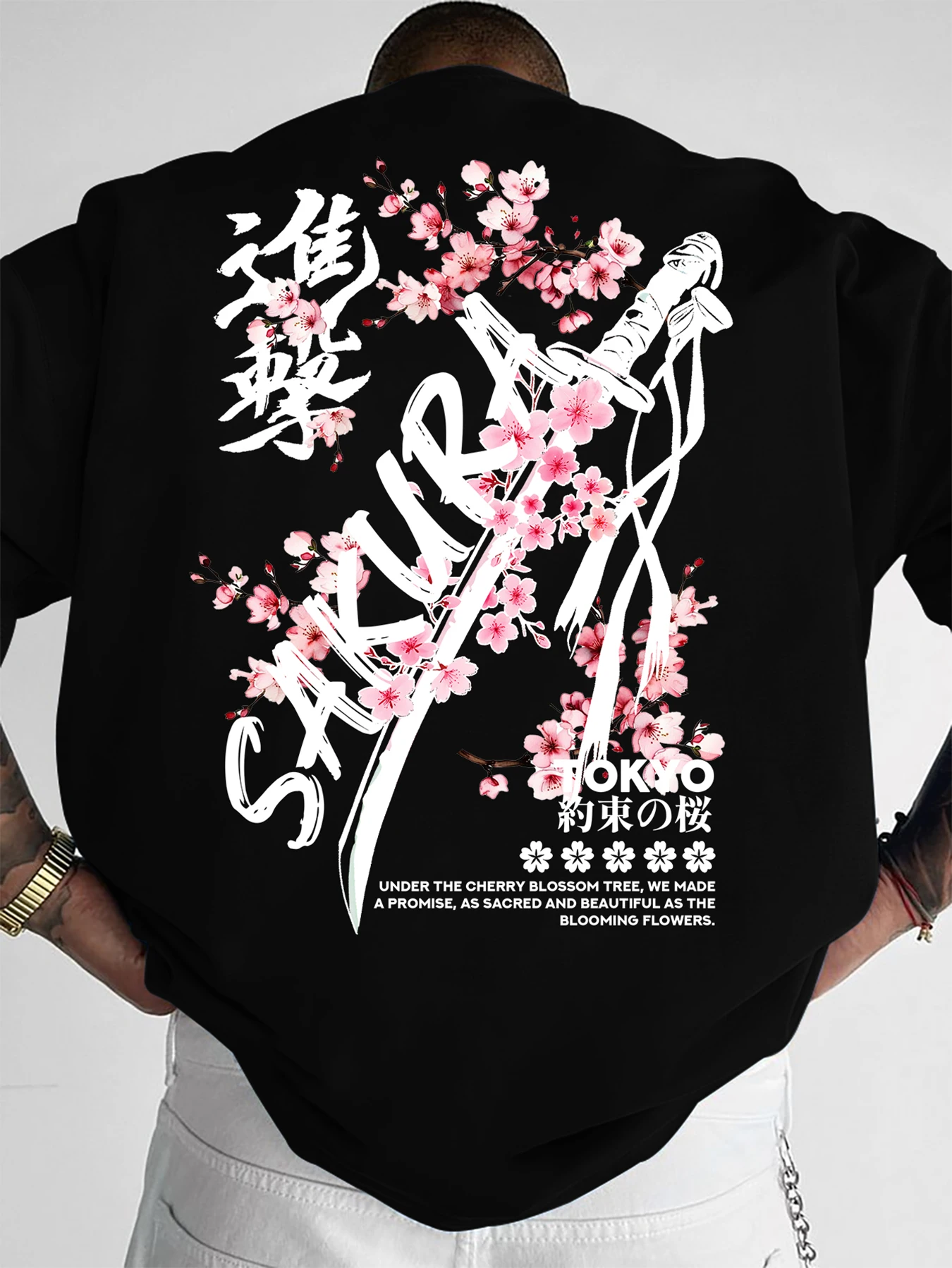 Men Streetwear T‑Shirt Japan Cherry Blossom Sword Graphic Drop‑Shoulder Oversized Casual Short Sleeve Top