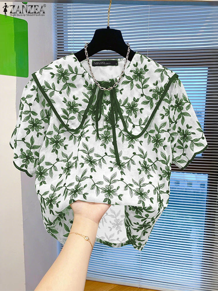 

ZANZEA Bohemian Blouse Women Short Sleeve Vintage Shirts 2025 Summer Lapel Lace-up Casual Loose Print Fashion Tops Tunic Blusas