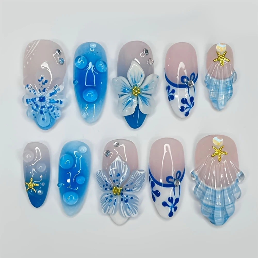 10Pcs M/S/XS Ocean Shell Starfish Flower False Nails 3D Bubble Beads Crystal Floral Press On Nails Summer Full Cover Fake Nails#