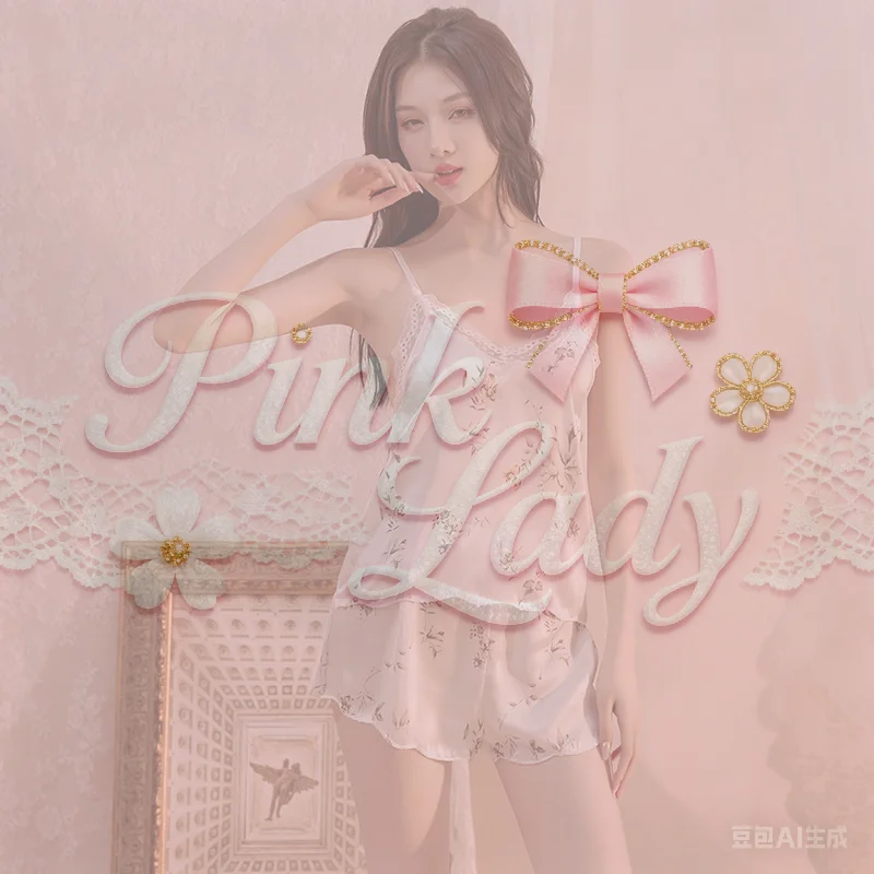 

Nightgowns Sexy V-neck Sweet Print Suspender Shorts Two-Piece Women Pajamas Sets