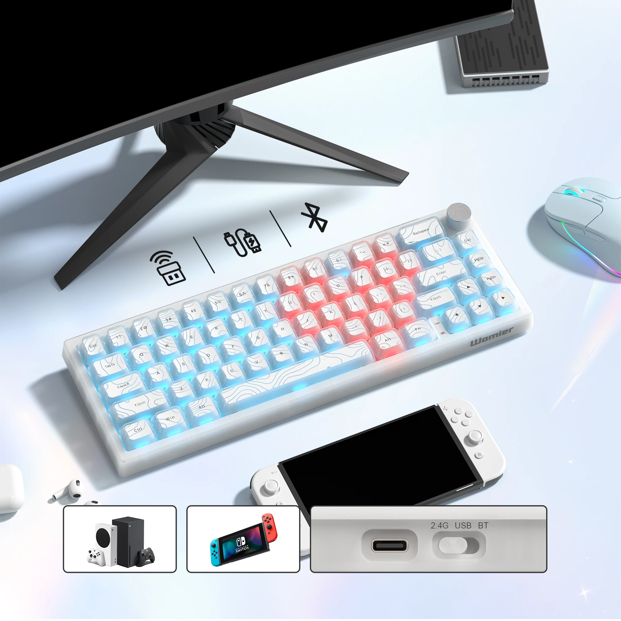 2025 Super New White Topographic Q61 QMK/VIA Gamer Keyboard RGB Gasket Hot Swap 3 Modes Wireless Mechanical Keyboard with Knob