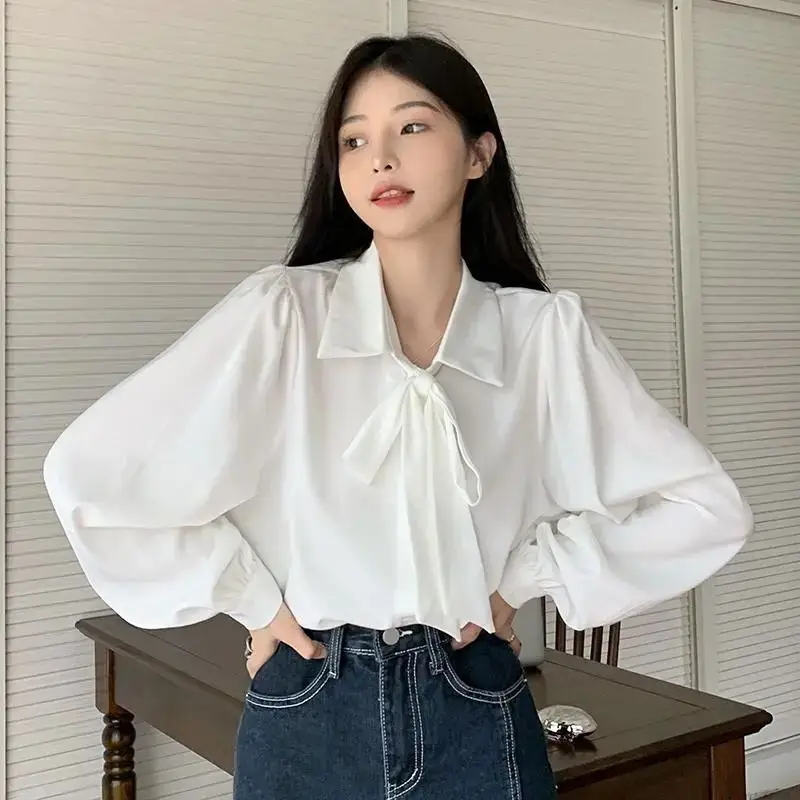 Solid Shirts Women Minimalist Baggy S-3XL Autumn Bandage Lantern Sleeve Korean Fashion Sweet Elegant Designer Camisas White Ins