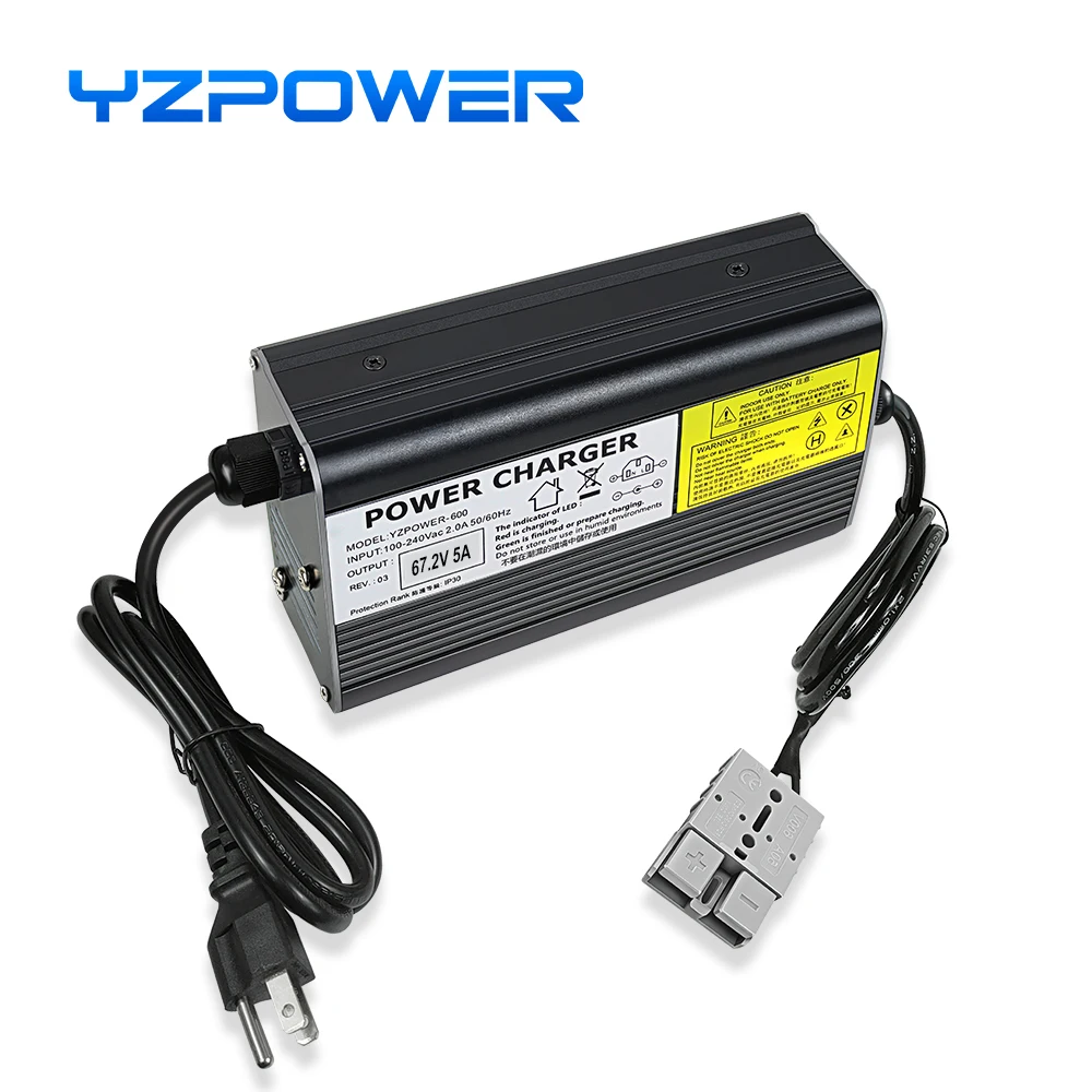 YZPOWER 67.2V 5A lithium battery charger 16S 60V charger input 110-240Vac fast charging with cooling fan