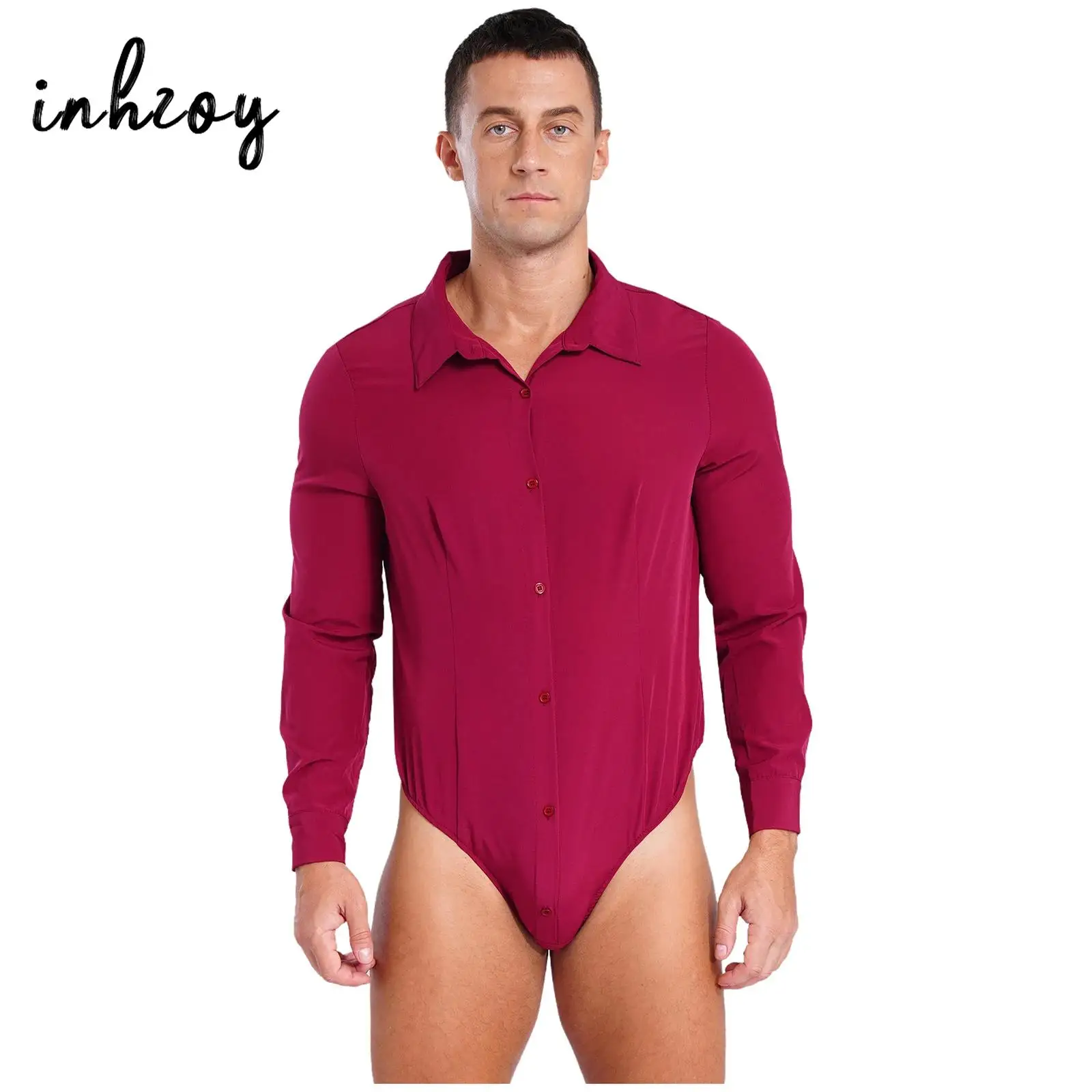 Men Solid Color One-Piece Jumpsuit Costume Turn-down Collar Long Sleeve Button Down Daily Wear Work Bodysuit Shirt