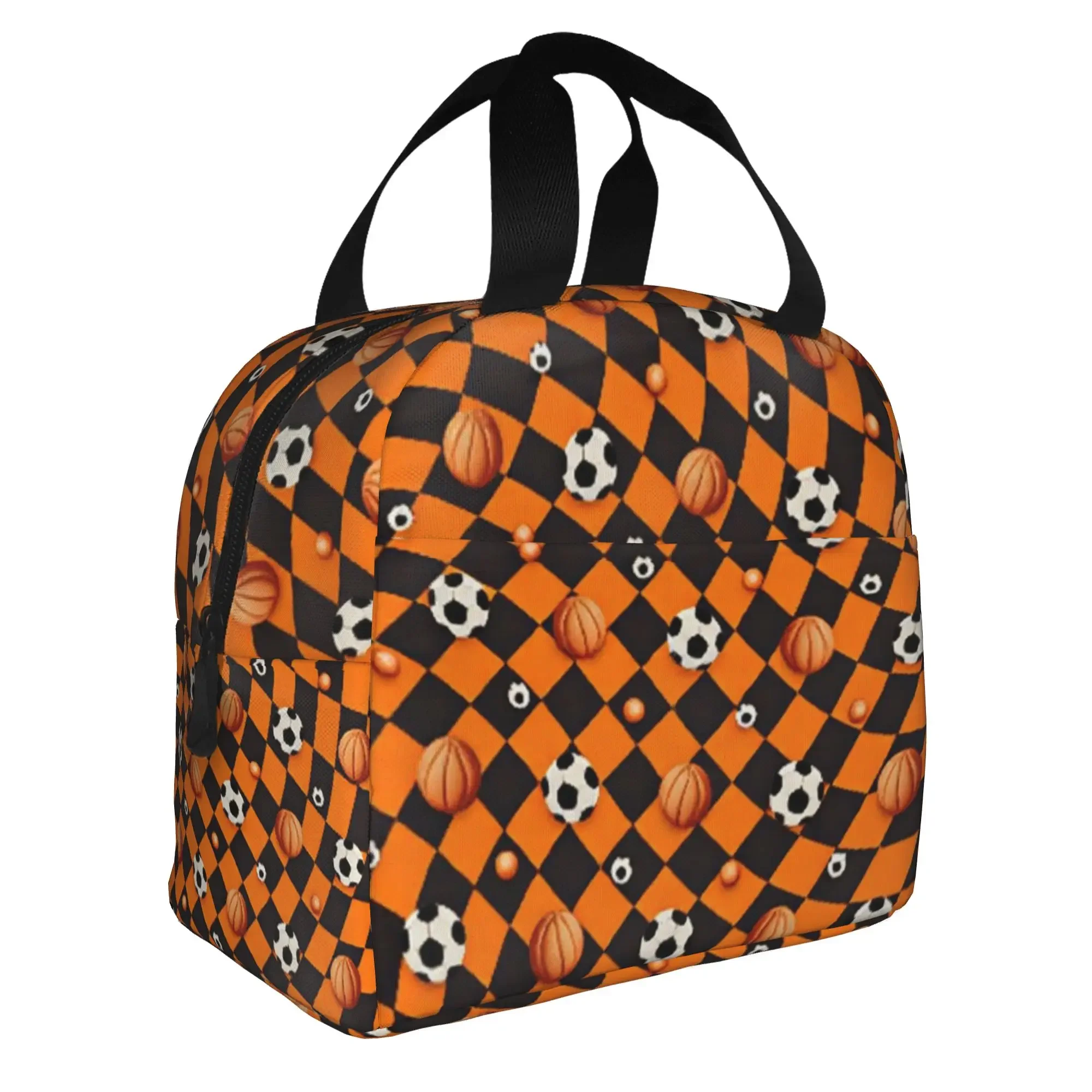 Checkered Basketball Soccer Insulated Lunch Bag for  Portable Football Wavy Distorted Effect  Thermal Cooler Lunch Tote School