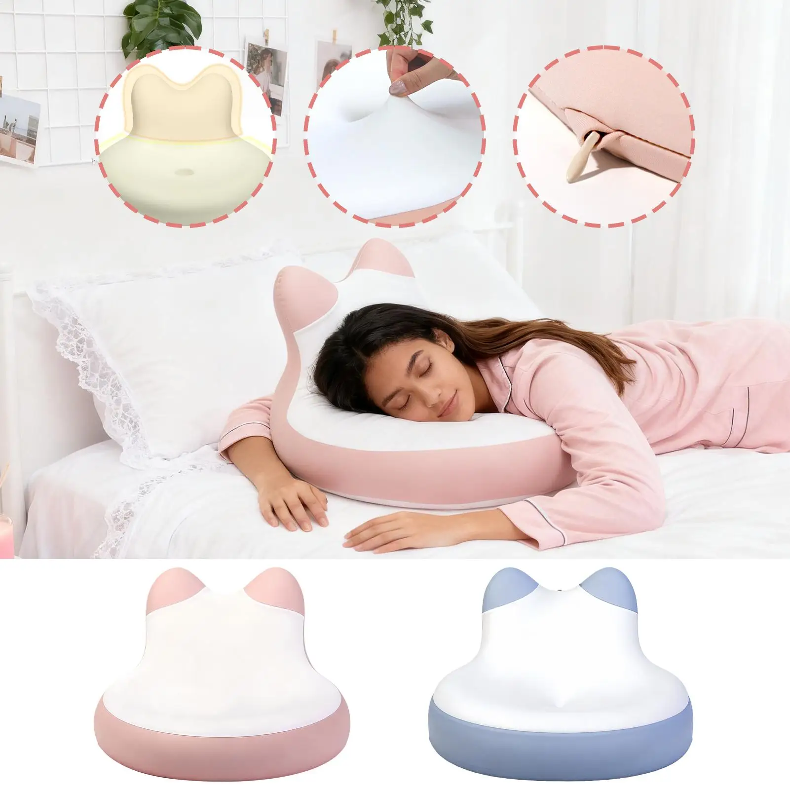 Prone Pillow For Bed Cat Ear Shape Lying Down Neck Support Bed Prone Down Pillow For Women Men Adults Seniors Middle-Aged Person