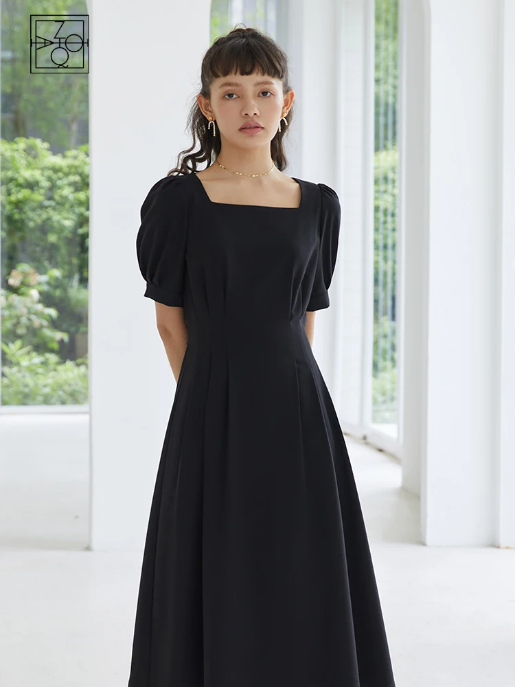 ZIQIAO Women Dresses Summer 2021 Solid Square Neck Puff Sleeves Dresses French Temperament  Style Casual Waist Women Clothing