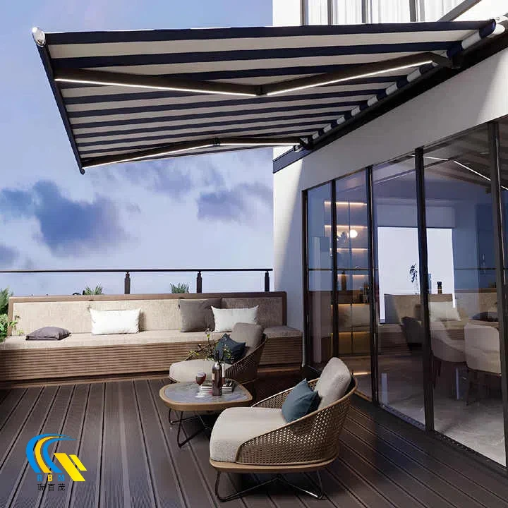 Motorized Folding Arm Full Cassette Awning Retract Canopy Remote Control Awning with LED Lamps