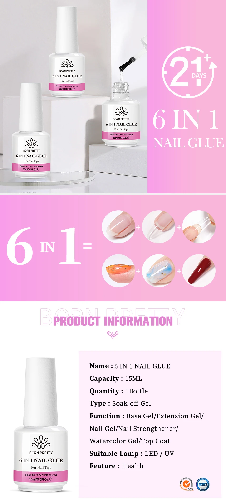 BORN PRETTY 15/10ML 6 IN 1 Nagelklebergel für Acrylnägel Soak Off Base Gel Top Coat UV-Verlängerungsnagelgel Falsche Nagelspitzen Gel – Detail 7