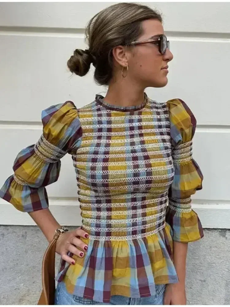 

Женская плиссированная рубашка в клетку, элегантная приталенная блузка в стиле ретро с круглым вырезом и пышными рукавами, модная шикарная Дамская рубашка в полоску, весна-лето 2024