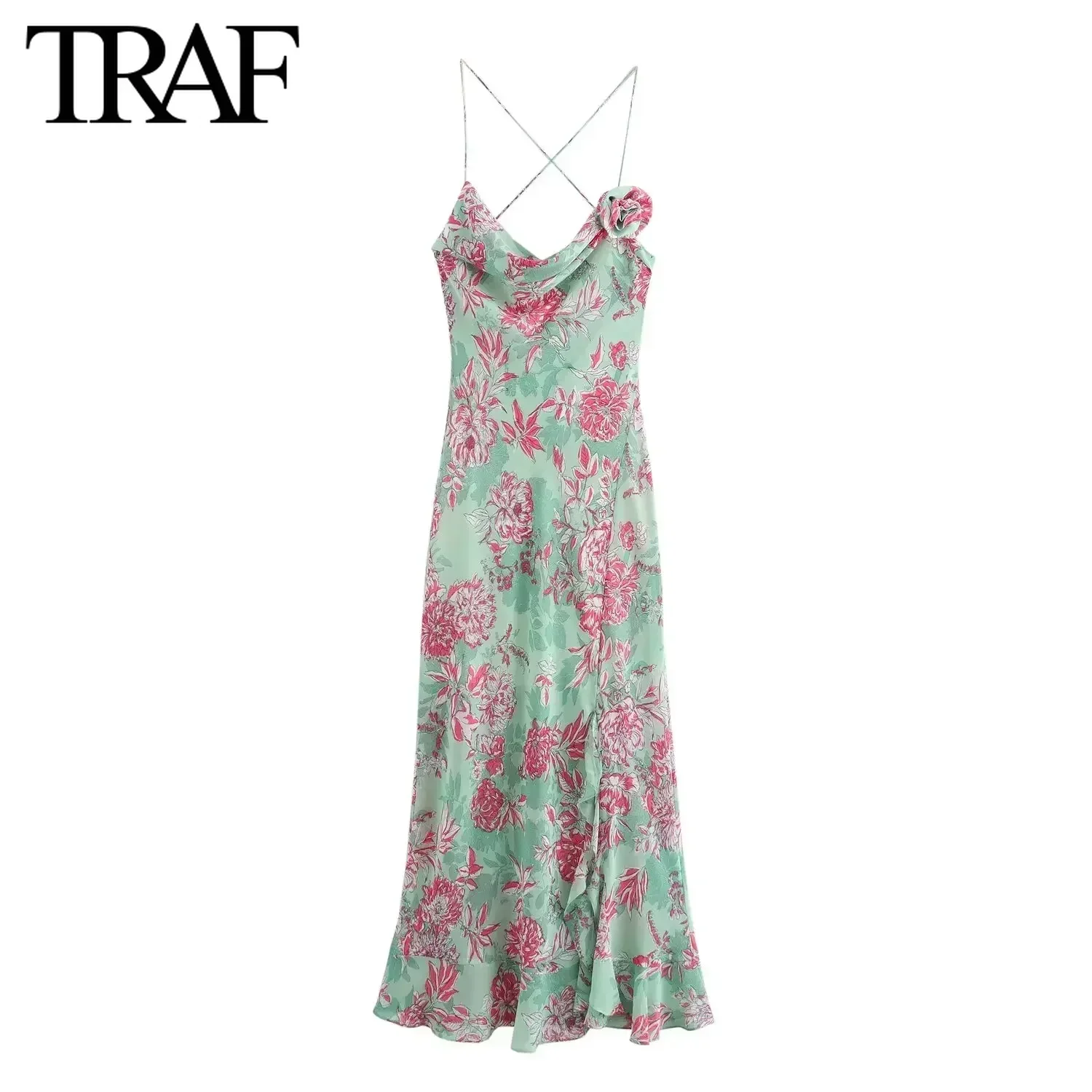 TRAF Women Fashion Underwear Style Printed Sleeveless V-neck Backless Sling Long Dress Chic Female French Elegance Evening