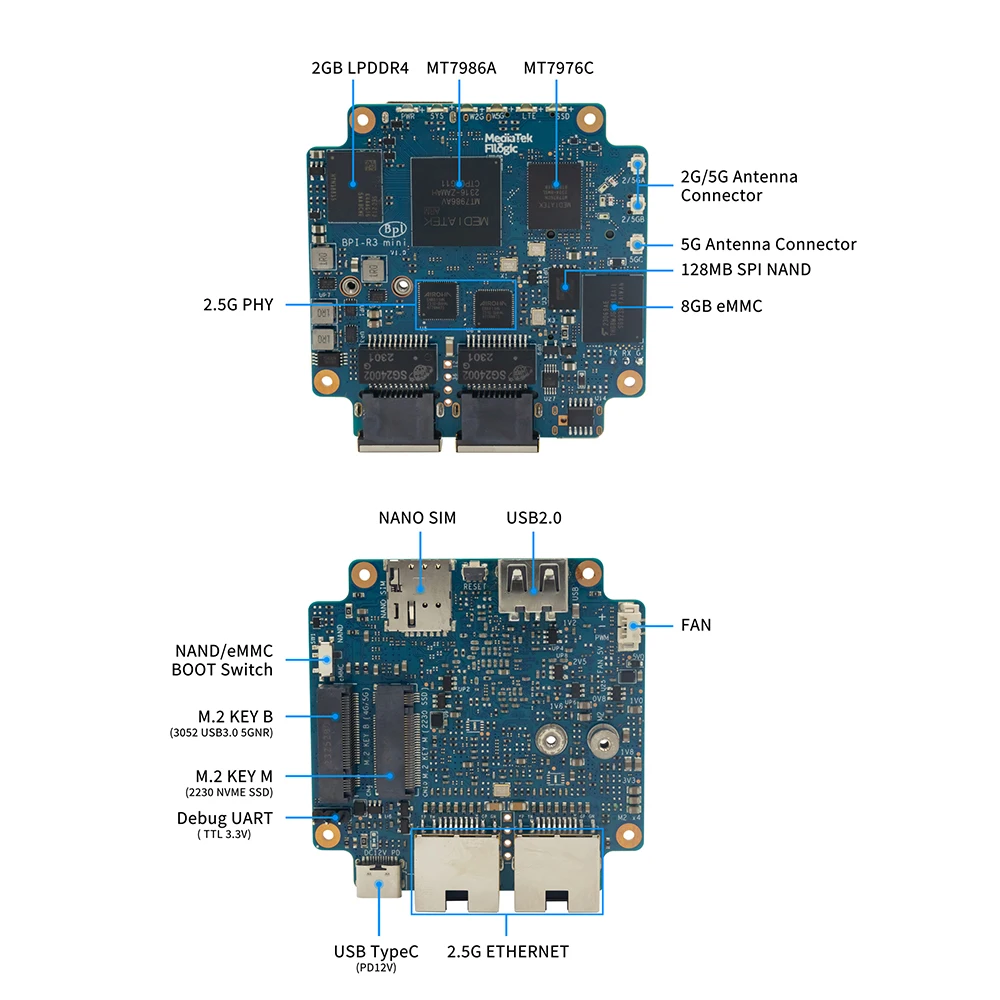 Banana Pi BPI-R3 Mini Router Board MediaTek MT7986 2G RAM 8G eMMC support Wi-Fi6 2.4G/5G with MT7976C, 2x 2.5GbE ethernet port