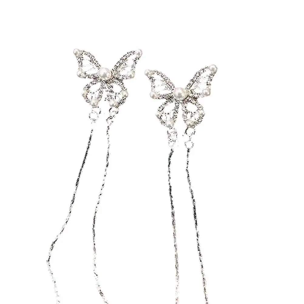 Face Earrings Jawline Enhancing Earrings Long Tassel Earrings for Women Imitation Pearl Butterfly Studs with Rhinestones Face