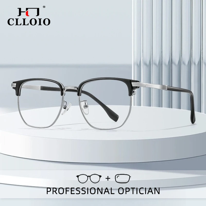 

CLLOIO Retro Business Durable Reading Glasses TR90 Square Frame Titanium Temple Anti Blue Light Progressive Prescription Eyewear