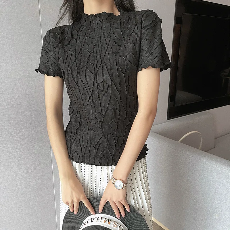 High-End Pleated Women\'s T-shirt Summer Top Embroidered Short Sleeve New Socialite Women\'s Clothes Super Elastic Pleated Z10309