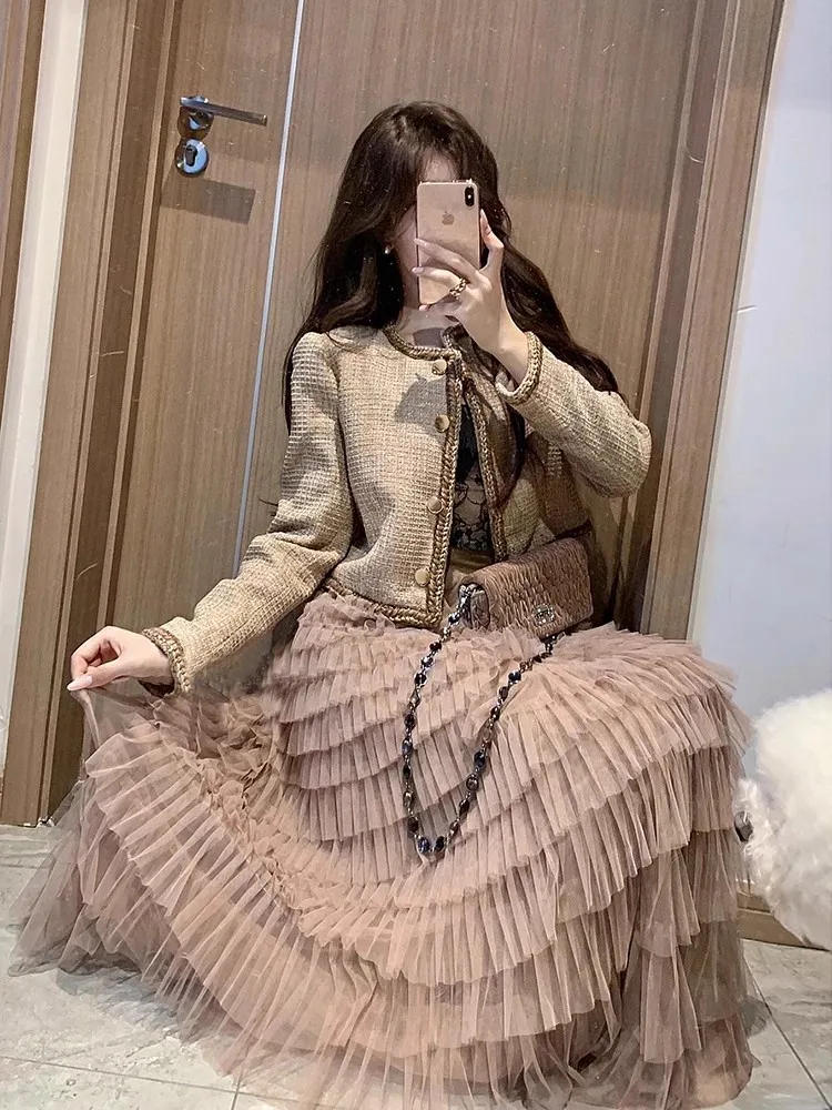 New Autumn Office Ladies Elegant Fashion Two Piece Set Tweed Short Jacket High Waist Lace Long Skirt Women Matching Set Outfit