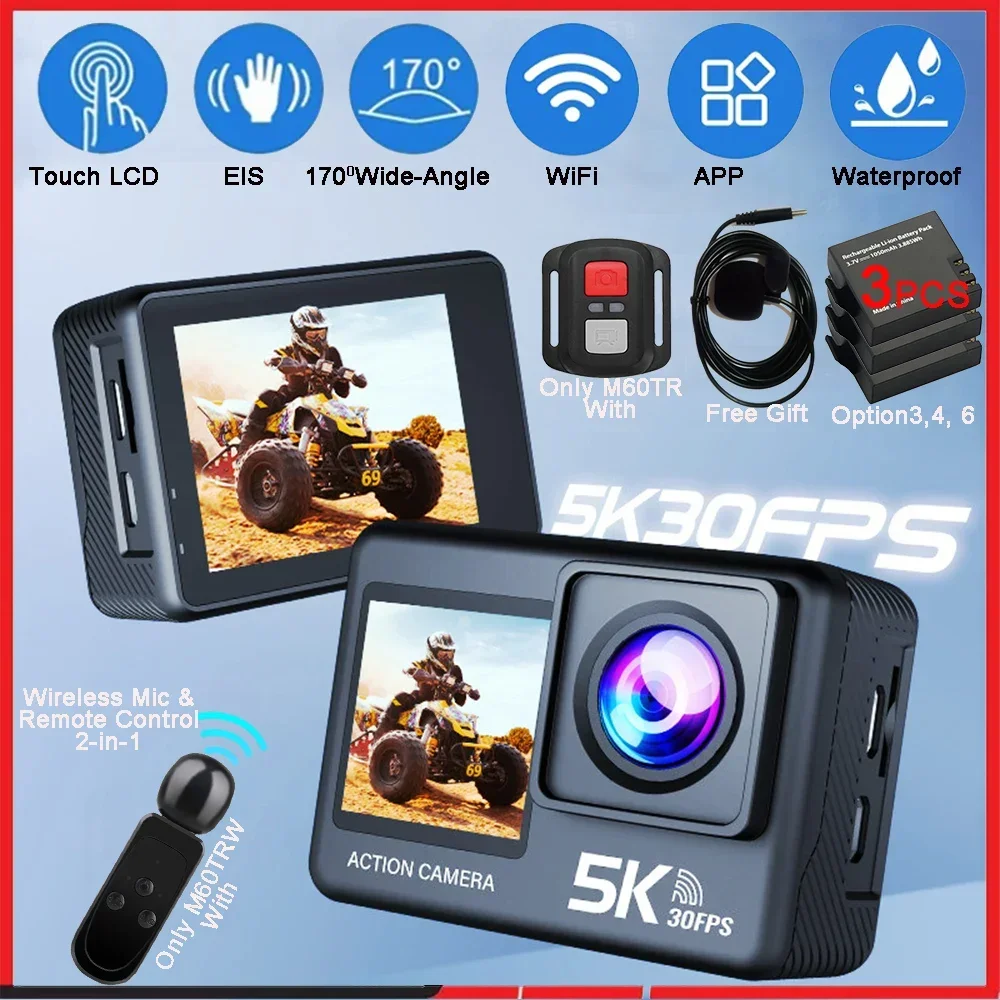 

5K 4K60FPS Action Camera 50MP 2" Touch Dual Screen 5X Zoom Wi-Fi EIS 170° DVR Webcam Wireless Mic 30M Waterproof Sport Camera