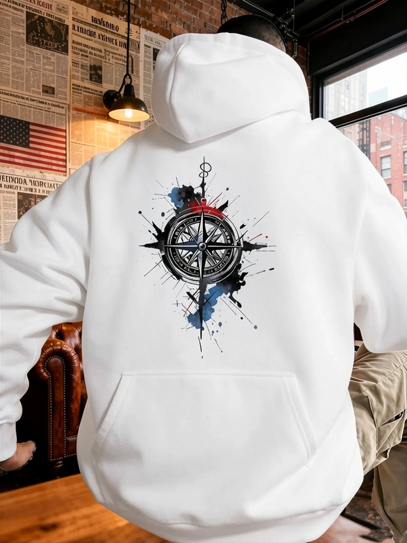 Men's Compass Rose Waterdrop Art Hoodie Loose Fitted Top for Autumn/Winter Outdoor Activities and Casual Street Wear